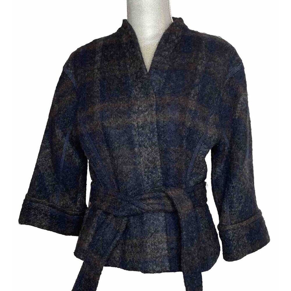 OLSEN Europe Size 4 Blue Brown Gray Plaid Mohair Wool DESIGNER Jacket Belted